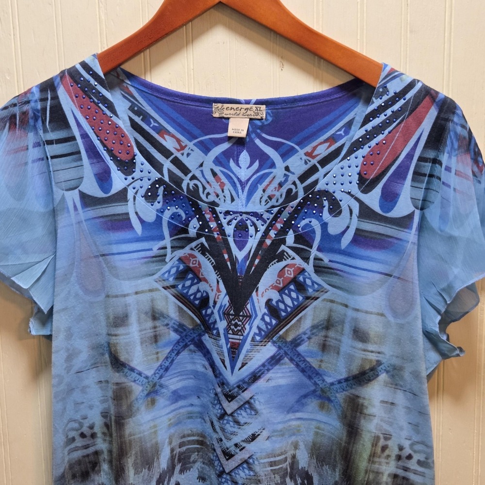 Energé Blouse Womens XL Blue Animal Print Rhinestone Flutter‎ Sleeve Tunic Top